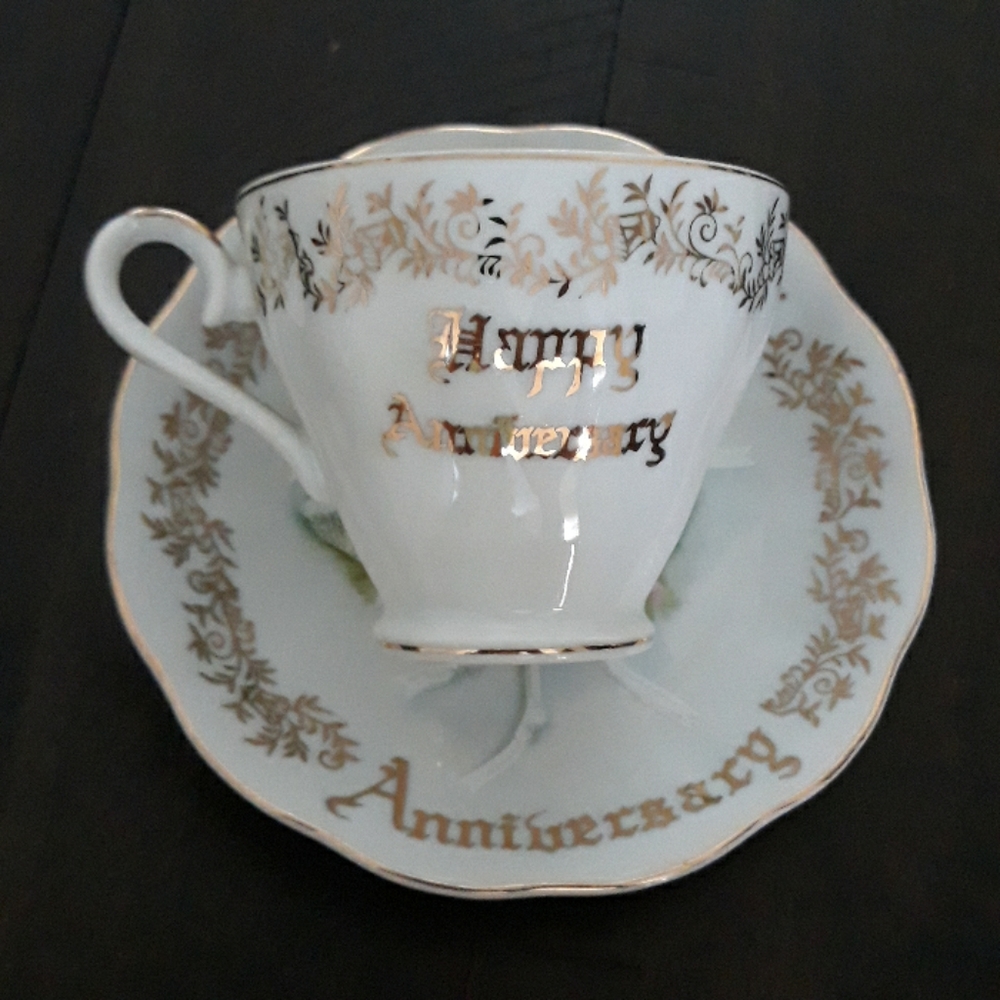 Saji China "Happy Anniversary" Teacup & Saucer set